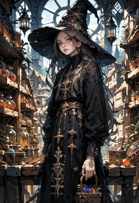 score_9, score_8_up, score_7_up, 1girl,long hair,solo,witch hat,pale skin,shiny,jewelry,black nails,shiny skin,witch dress, fishnets,shiny hair,fingernails, arcane merchant, tattoo, in a magic store, potions on the walls, magic items, orbs, wands, medieval fantasy, 0ddmag1c, curio, shop, oddity <lora:cr33pp41ntXLP:0.8> cr33pp41nt <lora:Expressive_H-000001:0.8> expressiveh, <lora:sinfully_stylish_SDXL> <lora:Pony_DetailV1.0> <lora:oddities_shop_specimen:0.8>