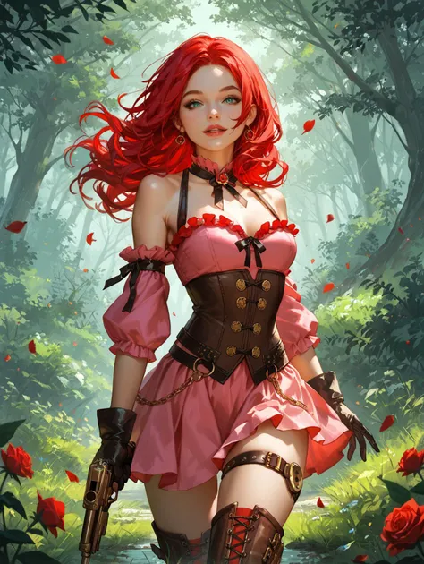 a woman in a rose pink dress holding a clockwork gun in a forest with trees and flowers around her, with a green background and a dark background with red leaves, (steampunk-style:1.2), curly hair, detailed hair, hair over shoulders, steampunk_style, steampunk clothing, 1girl, mechanical boots, corset, bare hips, bare shoulders, thigh strap, short skirt, frilled skirt, chain, forest, gloves, grass, gun, handgun, holding gun, holding weapon, leaf, long hair, nature, plant, red hair, rifle, solo, tree, weapon, realistic, (naughty face), (score_9, score_8_up:1.1), score_7_up, extreme_maximalism, incredibly absurdres, highres, vrays, overall_detail, face_detail, rating_explicit, (((fine_art_style))), insane_quality, insane_resolution, 16k_UHD, supremely detailed art style, insane_details, fine_details <lora:add-detail-xl:1> (zPDXLxxx:1.3), (zPDXL:1.3), (SimplepositiveXLv1:1.3) <lora:c0tt0nyXLP:0.6> c0tt0ny<lora:Expressive_H:0.6> Expressiveh,