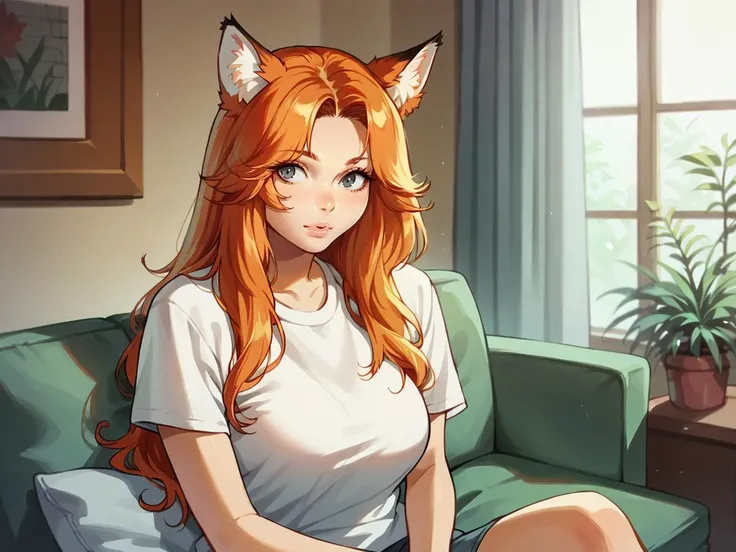 score_9, score_8_up, score_7_up, score_6_up, 1girl, curvy, <lora:1ly4XLP:1> 1ly4, (long hair), fox ears, ginger, grey eyes, large breasts, t-shirt,<lora:EXPERIMENTBUILDINGS_-indoors:1> flwindoors, potted plant, window, couch, retro