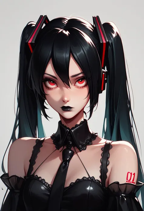 score_9, score_8_up, score_7_up, Goth girl, 1girl, hatsune miku, black lips, black hair, gothic dress, red eyes, gray background, closed mouth, <lora:add-detail-xl:0.4> , <lora:[GP] somethingweird [Pony XL]:0.2>, <lora:g0th1cPXL:0.3>,  <lora:Goth_girl_XL-v2:0.8> , <lora:raichiyo33XLP:1>