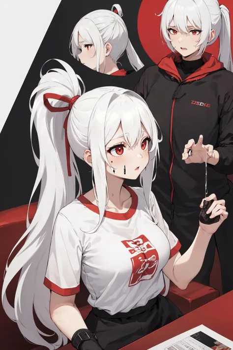 score_9, score_8_up, score_7_up,source_anime, high res image, masterpiece, best quality,high detailed,very aesthetic, absurdres,clear skin,shiny hair,ultra detailed eyes,medium_breasts,long_hair,(white_hair:1.4),red_eyes, hair_between_eyes,sgu,gym shirt,red buruma, sweat,buruma_aside, sex_from_behind, fellatio, spitroast, 2boys, ponytail,leaning_forward,