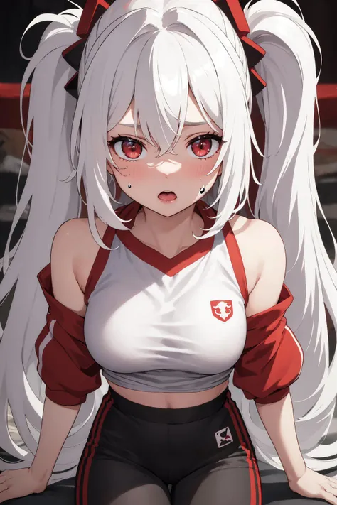 score_9, score_8_up, score_7_up,source_anime, high res image, masterpiece, best quality,high detailed,very aesthetic, absurdres,clear skin,shiny hair,ultra detailed eyes,medium_breasts,long_hair,(white_hair:1.4),red_eyes, hair_between_eyes,sgu,gym shirt,red buruma, sweat,buruma_aside, sex_from_behind, fellatio, spitroast, 2boys, ponytail,leaning_forward,