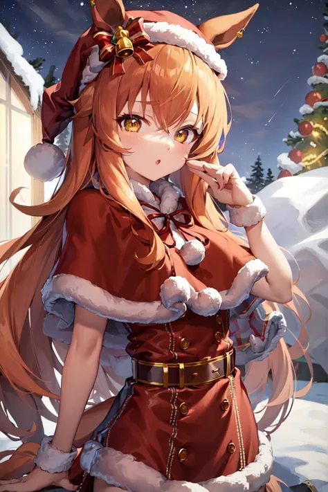 masterpiece, best quality,
mayano topgun \(umamusume\),
christmas, red dress, red capelet, belt, santa hat, fur-trimmed capelet, santa costume, red headwear, official alternate costume, bell, ears through headwear, fur-trimmed dress
tree, night,
<lora:mayano_topgun_lora:0.8>