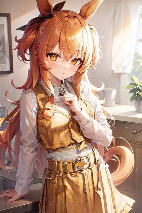 masterpiece, best quality,
mayano topgun \(umamusume\),
long sleeves, white shirt, plaid skirt, pleated skirt, yellow skirt, white belt, belt buckle, yellow vest, orange skirt, 
<lora:mayano_topgun_lora:0.8>