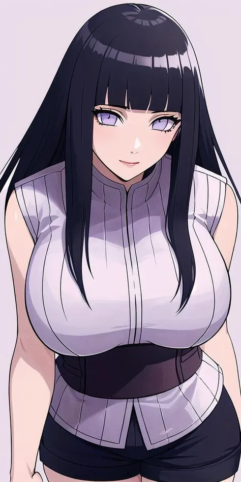 <lora:Hyuuga_HinataV2:0.7> hyuuga_hinata, huge_breasts, standing, solo, sleeveless_shirt_Black_shorts_fishnet_thighhighs,, masterpiece, best quality, detailed face, detailed eyes, highres,