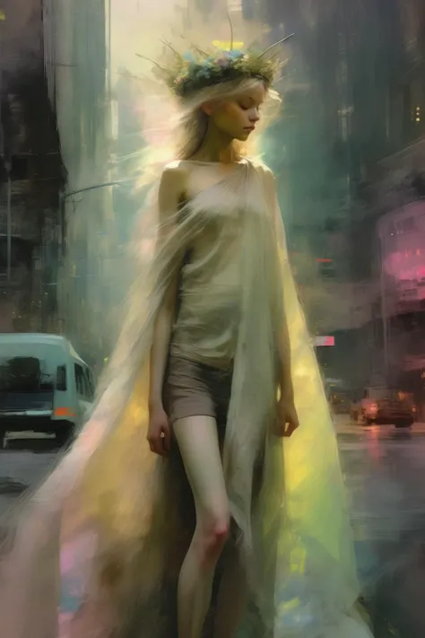 <lora:Ben Aronson Style:1>Ben Aronson Style - neo-noir cyberpunk city landscape art by Jeremy Mann, oil abstract paintin veil painting mural, pastel tones, Waldorf styleself pastel light, angels veiling, Waldorf style,The baby boy fairy queen wearing a crown of flowers, eyes closed carried her golden blanket wrapped in the fairy's rainbow silks, went to the North American woods she had braids and pink light hair etherial lighting, into the forest, oracle of Apollo crowned with light, by George Frederick Watts,4 year old prince with crown, soft muted colors, pastel hues, Waldorf, steine by Artgerm, by Miyazaki, in the style of Mucha etherial full length figure walking away into the North Americain woods, beautiful symmetric face with braided golden hair, cinematic,dreamlike,sharp focus,epic composition vintag