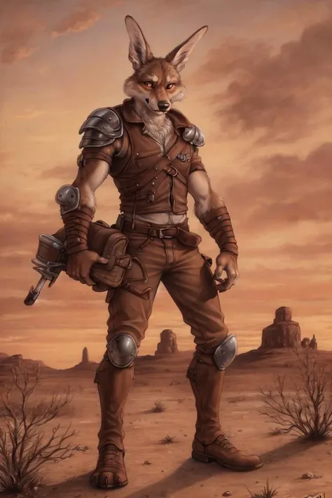 (by rukis, by blotch, by personalami, by honovy, by zackary911), male, solo, coyote, canine, wile_e._coyote, desert, standing, safe, long ears, wearing leather jacket, spikes, armor, mad max, apocalyptic, post apocalypse