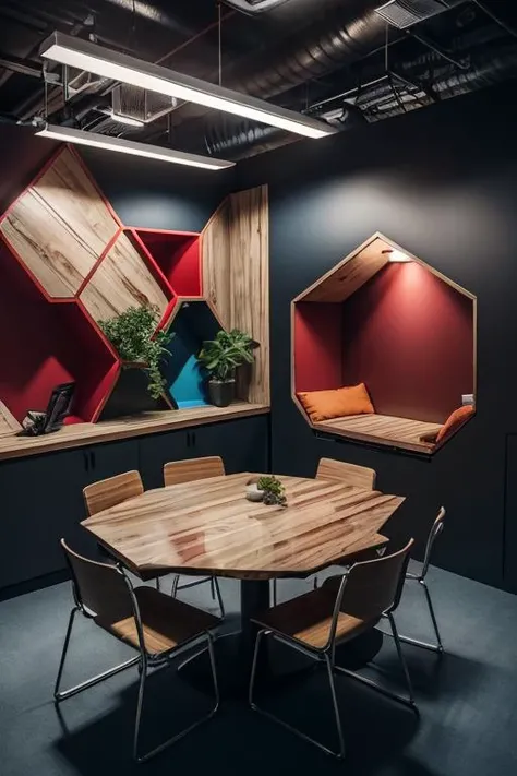 ((masterpiece)), arwcoworkingspace office room, red white wall panel, chair, table, modular, plant, industrial, hexagon, honeycomb, <lora:arwcoworkingspace:1>