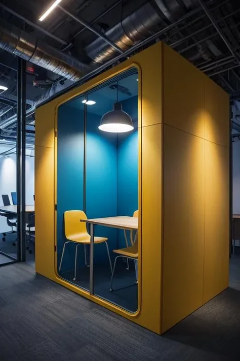 ((masterpiece)), arwcoworkingspace office room, yellow wall panel, chair, table, modular, plant, industrial, hexagon, honeycomb, <lora:arwcoworkingspace:1>