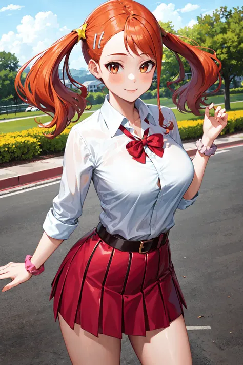 masterpiece, best quality, highres, 1girl, anjou naruko, hairclip, large breasts, school uniform, sleeves rolled up, wrist scrunchie, belt, white shirt, red skirt, socks, twintails, <lora:anjou_naruko_v1:0.7>, standing, outdoors, smile,