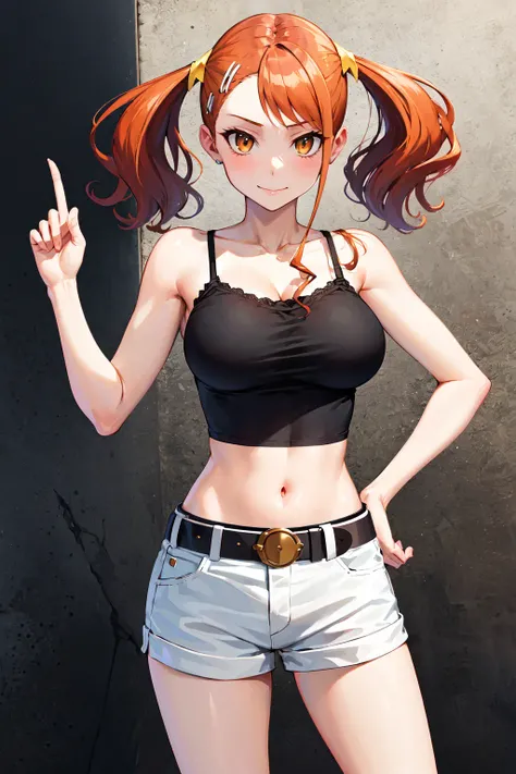 masterpiece, best quality, highres, 1girl, anjou naruko, hairclip, large breasts, black camisole, shorts, belt, midriff, underboob, twintails, <lora:anjou_naruko_v1:0.7>, cowboy shot, evil smile, middle finger, hand on hip, street,