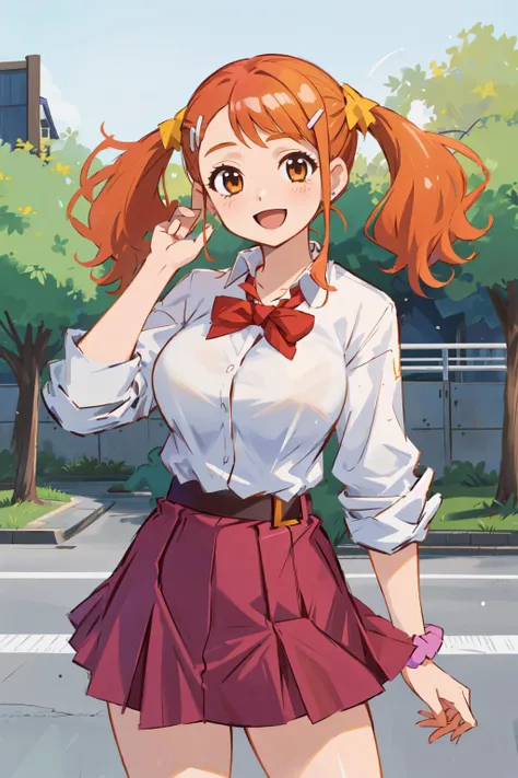 1girl, solo, anjou naruko, hairclip, large breasts, school uniform, sleeves rolled up, wrist scrunchie, belt, white shirt, red skirt, socks, twintails, outdoors, smile, :d, <lora:anjou_naruko_v3:0.7>