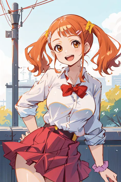 1girl, solo, anjou naruko, hairclip, large breasts, school uniform, sleeves rolled up, wrist scrunchie, belt, white shirt, red skirt, socks, twintails, outdoors, smile, :d, <lora:anjou_naruko_v3:0.7>