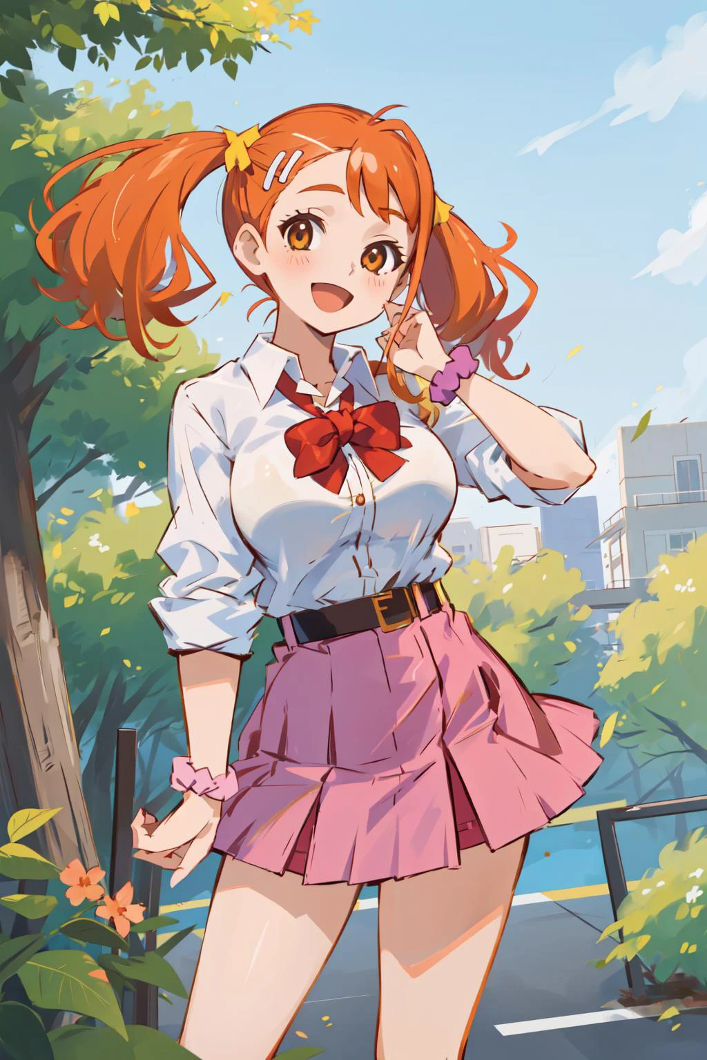1girl, solo, anjou naruko, hairclip, large breasts, school uniform, sleeves rolled up, wrist scrunchie, belt, white shirt, red skirt, socks, twintails, outdoors, smile, :d, <lora:anjou_naruko_v3:0.7>