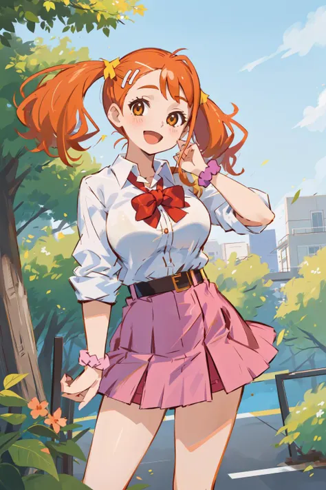 1girl, solo, anjou naruko, hairclip, large breasts, school uniform, sleeves rolled up, wrist scrunchie, belt, white shirt, red skirt, socks, twintails, outdoors, smile, :d, <lora:anjou_naruko_v3:0.7>