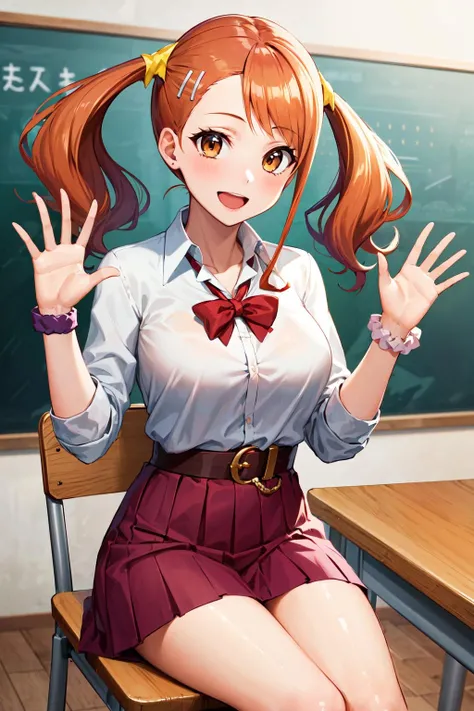 masterpiece, best quality, highres, 1girl, anjou naruko, hairclip, large breasts, school uniform, sleeves rolled up, wrist scrunchie, belt, white shirt, red skirt, socks, twintails, <lora:anjou_naruko_v1:0.7>, classroom, sitting, chair, smile, open mouth, waving