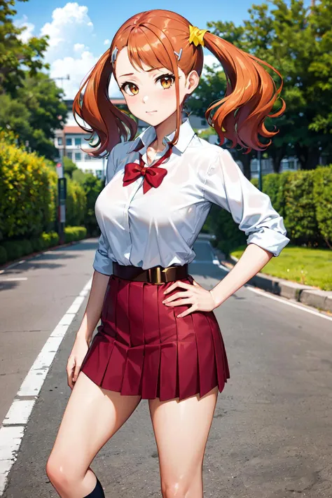 masterpiece, best quality, highres, 1girl, anjou naruko, hairclip, large breasts, school uniform, sleeves rolled up, wrist scrunchie, belt, white shirt, red skirt, socks, twintails, <lora:anjou_naruko_v1:0.7>, standing, outdoors, hand on hip,