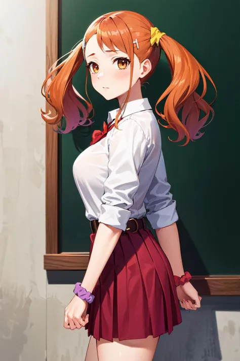 masterpiece, best quality, highres, 1girl, anjou naruko, hairclip, large breasts, school uniform, sleeves rolled up, wrist scrunchie, belt, white shirt, red skirt, socks, twintails, <lora:anjou_naruko_v1:0.7>, from side