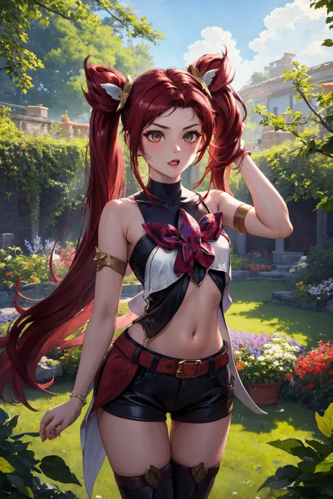 (best quality), (masterpiece),(ultra-detailed:1.2),ultra high res,cowboy shot, 
star_guardian_Jinx, <lora:star_guardian_Jinx:0.7>, garden, standing, holding hair
