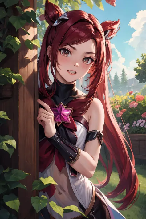 (best quality), (masterpiece),(ultra-detailed:1.2),ultra high res,cowboy shot, 
star_guardian_Jinx, <lora:star_guardian_Jinx:0.7>, garden, standing, holding hair, close portrait, grin, peeking out upper body <lora:peeking_out_upper_body_pruned:1.4> leaves, flowers