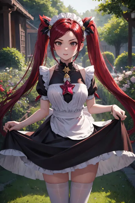 (best quality), (masterpiece),(ultra-detailed:1.2),ultra high res,cowboy shot,
star_guardian_Jinx, <lora:star_guardian_Jinx:1>, maid, maid headdress, black dress, garden, standing, skirt hold,