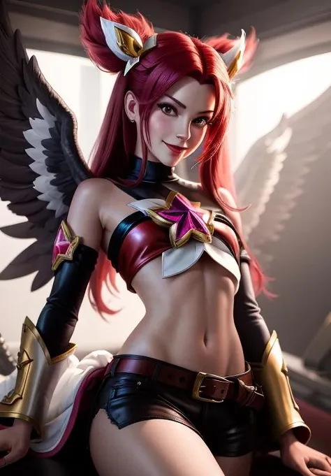 8K,A monster woman with bird wings on both arms.,harpy,Troubling white-skinned wingman,Has sharp bird claws on both feet,red mohawk hair,fantasy art,character art,ultra high resolution,super realistic skin,Precise bird wing details,digital art,beautiful expression,Sexy cleavage,Large fangs can be seen from the wide open mouth,