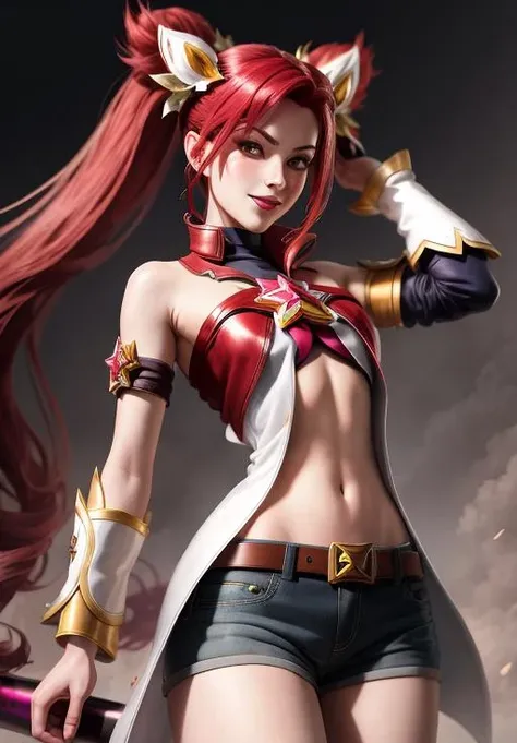 Create an incredibly detailed drawing of Yoko's character from the anime Gurren Lagann in the space environment. Let Yoko be pictured up close to show all her gorgeous appearance details. Please ensure the highest quality and maximum detail so that every line, shadow and texture is clear and realistic. Use sharp focus to especially reflect the vivid expression on her face and her characteristic features such as her hair, eyes, and clothes. Add space surroundings with neon lights and a colorful spectrum to create a futuristic, exotic atmosphere. Let these lights illuminate and accentuate Yoko's beauty and elegance. Please make the drawing accurate and appropriate to Yoko's appearance from Gurren Lagann anime. I am grateful for your attention to detail and creativity in fulfilling this order.Littner,yl1, ponytail, scarf, bikini top only, short shorts, mid,,Yokoriff, belt, fingerless gloves, skull hair ornament, elbow gloves, pink thighhighs,better_hands,hands