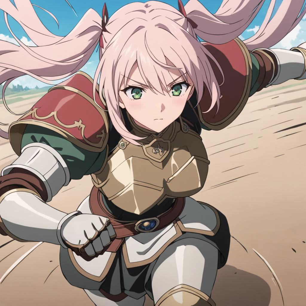 <lora:Pony_Sva_v1_XL:0.7>,
anime screencap,best quality,masterpiece,
1girl,sva,
twintails,green eyes,pink hair,armor,pauldrons,breastplate,belt,gauntlets,greaves,
fighting_stance,motion line,motion_blur,speed_lines,