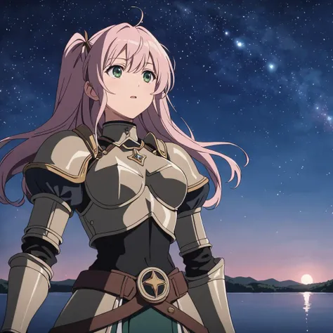 <lora:Pony_Sva_v1_XL:0.7>,
anime screencap,best quality,masterpiece,
1girl,sva,
twintails,green eyes,pink hair,armor,pauldrons,breastplate,belt,gauntlets,greaves,
starry_sky,lake,looking up at the starry sky,breeze,
