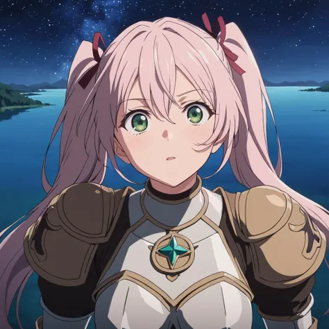 <lora:Pony_Sva_v1_XL:0.7>,
anime screencap,best quality,masterpiece,
1girl,sva,
twintails,green eyes,pink hair,armor,pauldrons,breastplate,belt,gauntlets,greaves,
starry_sky,lake,looking up at the starry sky,breeze,
