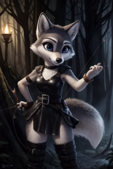 (by qupostuv35:0.8), (by siroc:0.8), (by silverfox5231:0.2)
female, (Detailed face), [(thin:1.1) : small petite : (wolf):4], (Detailed face), lush eyelashes,  detailed fur,
concentrated look, leather bracelett,
string strap, sheath at the belt, holding arch in hand, quiver on the back, leather dress, bare legs, leather boots,
(more details, detailed background:1.1), in the dark forrest,
over shoulder shot, she aims with a bow at a prey, ready to shot arrow,  eyes narrowed to slits