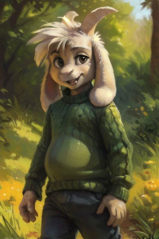 ((by Sabretoothed Ermine, by Kenket, by Supplesee, by Joaqun Sorolla)), ((detailed fluffy fur)), solo, (((kid, child:1.9))), (goat), (((white fur))), (black pants, green sweater, yellow stripes), ((Asriel)), white hair, cartoon, anthro, (soft shading), 4k, hi res, five fingers, paws, detailed hands, ((detailed face)), (((face portrait))), walking, (detailed background, depth of field, half body shadow, sunlight, ambient light on the body), (masterpiece, best quality, ultra realistic, 4k, 2k, (intricate:0.9), (high detail:1.4), film photography, (soft focus:1.2), RAW photo, photorealistic, analog style, subsurface scattering, photorealism, absurd res)