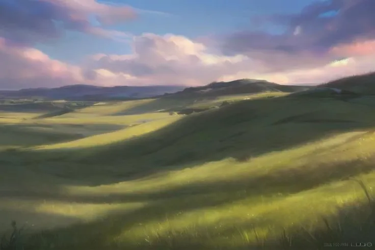 ((((landscape, nature, zero pictured, rolling hills, long grass, clouds, grass, prairie)))), ((by Pino Daeni, by Ruan Jia, by Fumiko, by Levelviolet, by Supplesee)), outside,