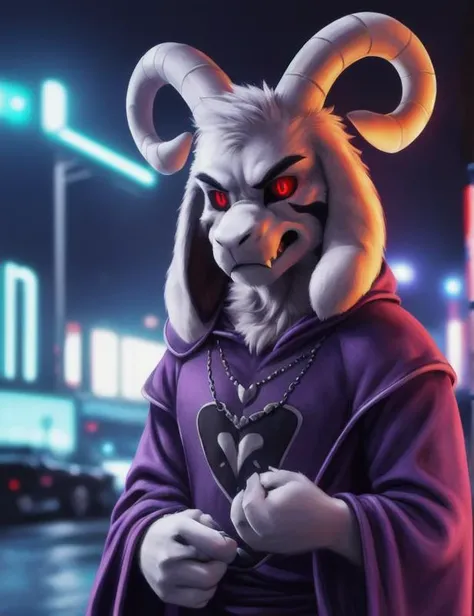 1boy, (( <lora:asriel-30:0.3>, <lora:asriel-20:0.2>, <lora:God asriel-09:0.4>, )), (fluffy), god of hyperdeath, (asriel dreemurr ( purple robe, horns, solo, male) and (black sclera, red shine eyes) and (insane detailed white fur, angry, fangs), (pose:1.3), (posing:1.3))<lora:asrielV2-07:0.6>, <lora:Furtastic_Detailer:0.5>, (high detail, film photography, soft focus, soft shading, photorealism, realistic, photorealistic, analog style, subsurface scattering, masterpiece, best quality, ultra realistic, 8k), <lora:locon_perfecteyes_v1_from_v1_64_32:0.3>, portrait, night, light, neon city, four finger, cute
