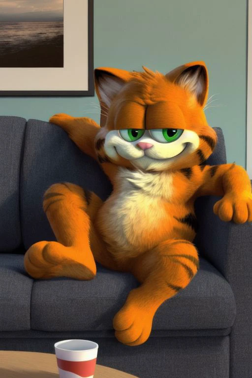 solo, male focus, feline, cat, chubby, garfield, smile, striped tail, orange fur, short, shortstack, chest tuft, cat ears, whiskers, green eyes, no humans, masculine, handsome, masterpiece, extreme detail, (best quality:1.4), sitting, chair, couch cushion, soft, short legs, legs dangling, living room, popcorn