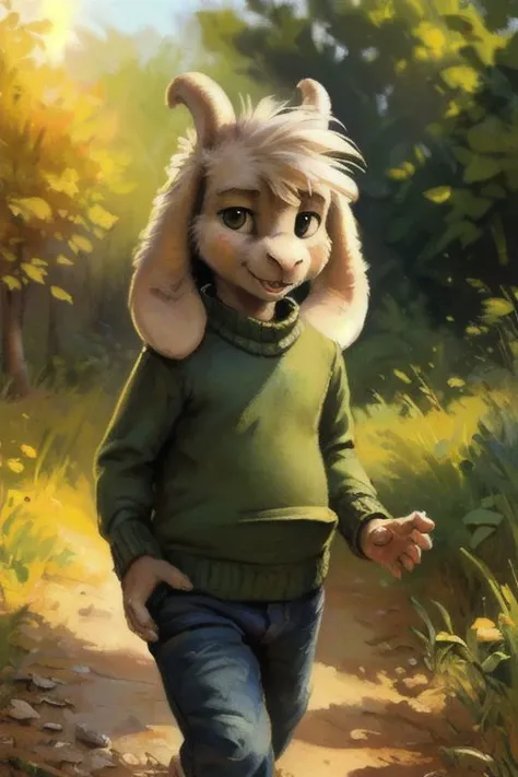 ((by Sabretoothed Ermine, by Kenket, by Supplesee, by Joaqun Sorolla)), ((detailed fluffy fur)), solo, (((, chi9))), (goat), (((white fur))), (black pants, green sweater, yellow stripes), ((Asriel)), white hair, cartoon, anthro, (soft shading), 4k, hi res, five fingers, paws, detailed hands, ((detailed face)), (((face portrait))), walking, (detailed background, depth of field, half body shadow, sunlight, ambient light on the body), (masterpiece, best quality, ultra realistic, 4k, 2k, (intricate:0.9), (high detail:1.4), film photography, (soft focus:1.2), RAW photo, photorealistic, analog style, subsurface scattering, photorealism, absurd res)