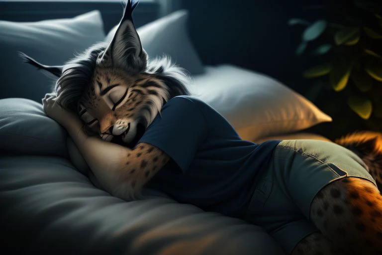 (Professional photo, photo filter, real photo, super realistic:1.2), nighttime, moonlit, (by qupostuv35:0.8), (by siroc:0.8), 1girl, (anthro, humanoid), [(thin:1.1) : small petite : (lynx:1.2):4], (fur tufts, fluffy), (closed eyes, sleepy eyes), (anthropomorphic legs, anthropomorphic hands:1.1), oversized tshirt, baggy sport shorts, (tired, sleepy), (sleeping, not looking at viewer, laying in bed), pillows, bedroom (light, peaceful, calm, serene, soothing, relaxed, ethereal, delicate), (perfectly detailed anatomy, perfectly detailed face,  detailed fur and hair, detailed nose and eyes, detailed mouth, detailed clothing, more details, detailed background),