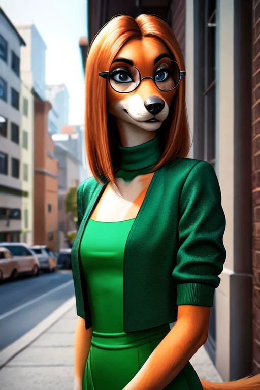 sukilane, glasses, medium hair, turtleneck, green dress, cropped jacket, medium shot, masterpiece, high quality, detailed, realistic, anthro, furry, dog girl, canine, female, (Detailed face), (more details, detailed background:1.1), sexy pose, two tone fur, orange fur, slender, saluki