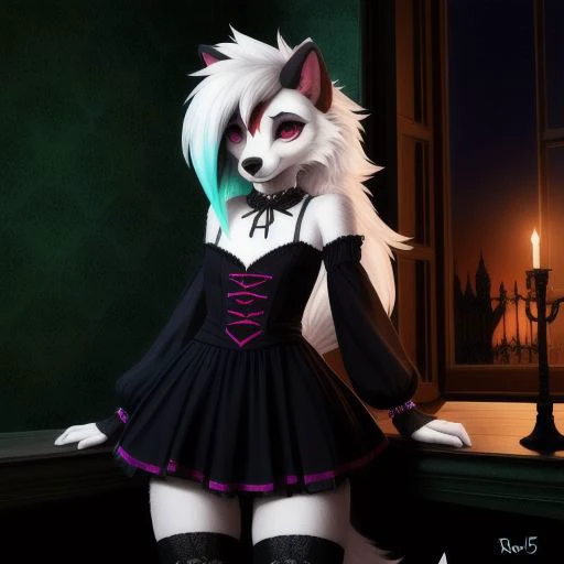 inverted colors, (ultra realistic photograph, RAW photograph, anthro furry:1.3), furry, furry female, 1girl , animal_ears, breasts, , glowing, green_background, hair_over_one_eye, looking_at_viewer, medium_breasts, full body solo, tail, dual_tone_hair, wolf_ears , 8k, sharp focus, fluffy, , dual tone fufur, , dual tone fur, HDR, NSFW, black animal nose <lora:HIo955:1>, canid, wolf, vampire lycanroc, punk rock clothing, big eyes, young, younger, cub, pup, puppy, night , full body, , cute face, arm warmers, , small snout, in a room in castle, skirt, dress, night, cute pose, thigh highs, vampire,