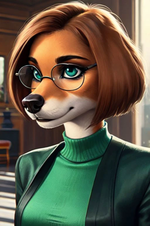 sukilane, glasses, short hair, turtleneck, green dress, cropped jacket, medium shot, masterpiece, high quality, detailed, realistic, anthro, furry, dog girl, canine, female, (Detailed face), (more details, detailed background:1.1), sexy pose, two tone fur, orange fur, slender, long muzzle