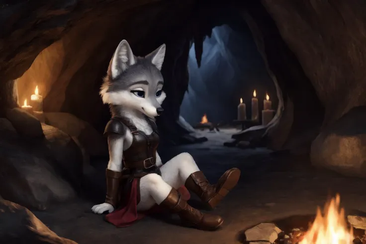 White wolf puppy. , childding, is sitting, Weapon, focus on the ,,Background of war, colored leather, fire, Candle, Without clothing , completely naked. vagina, testicles between legs, male genitals , ((masterpiece, Best quality))