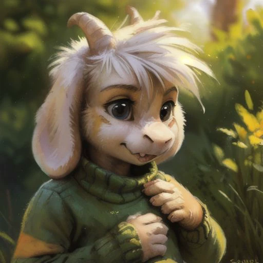 ((by Sabretoothed Ermine, by Kenket, by Supplesee, by Joaqun Sorolla)), ((detailed fluffy fur)), solo, (((kid, child:1.9))), (goat), (((white fur))), (black pants, green sweater, yellow stripes), ((Asriel)), white hair, cartoon, anthro, (soft shading), 4k, hi res, five fingers, paws, detailed hands, ((detailed face)), (((face portrait))), walking, (detailed background, depth of field, half body shadow, sunlight, ambient light on the body), (masterpiece, best quality, ultra realistic, 4k, 2k, (intricate:0.9), (high detail:1.4), film photography, (soft focus:1.2), RAW photo, photorealistic, analog style, subsurface scattering, photorealism, absurd res)