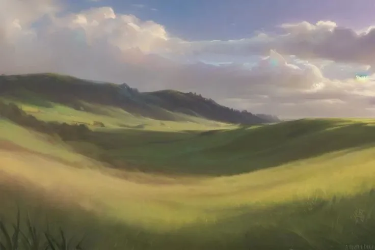 ((((landscape, nature, zero pictured, rolling hills, long grass, clouds, grass, prairie)))), ((by Pino Daeni, by Ruan Jia, by Fumiko, by Levelviolet, by Supplesee)), outside,