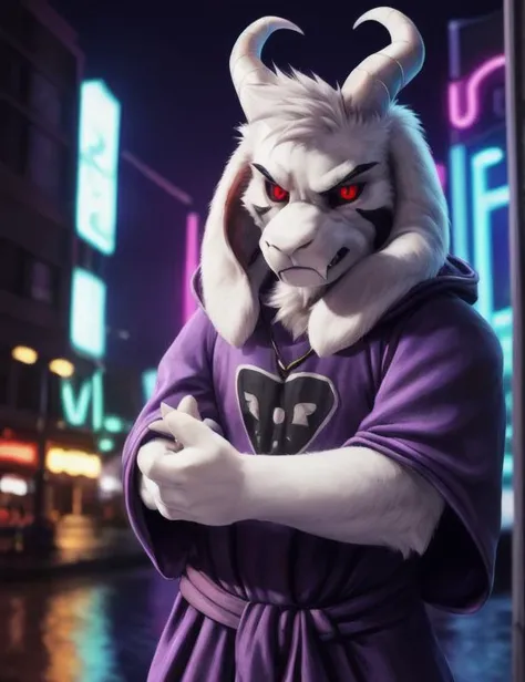 1boy, (( <lora:asriel-30:0.3>, <lora:asriel-20:0.2>, <lora:God asriel-09:0.4>, )), (fluffy), god of hyperdeath, (asriel dreemurr ( purple robe, horns, solo, male) and (black sclera, red shine eyes) and (insane detailed white fur, angry, fangs), (pose:1.3), (posing:1.3))<lora:asrielV2-07:0.6>, <lora:Furtastic_Detailer:0.5>, (high detail, film photography, soft focus, soft shading, photorealism, realistic, photorealistic, analog style, subsurface scattering, masterpiece, best quality, ultra realistic, 8k), <lora:locon_perfecteyes_v1_from_v1_64_32:0.3>, portrait, night, light, neon city, four finger, cute