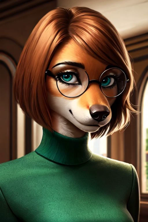 sukilane, glasses, short hair, turtleneck, green dress, cropped jacket, medium shot, masterpiece, high quality, detailed, realistic, anthro, furry, dog girl, canine, female, (Detailed face), (more details, detailed background:1.1), sexy pose, two tone fur, orange fur, slender, long snout