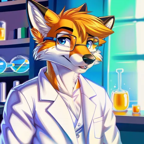 <lora:e6top150-v1-locon:1> male, fox, cute, nerdy, solo, lab coat,