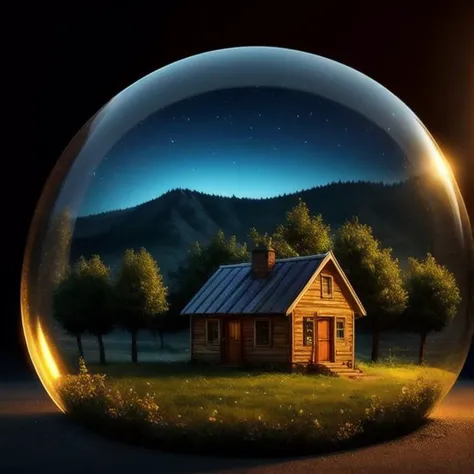 mini house, landscape, old fashion, nature, night light, a bubble, in the bubble, high detailed, masterpiece, best quality, <lora:Bubble_Sora:0.4>, (masterpiece,best quality:1.5)