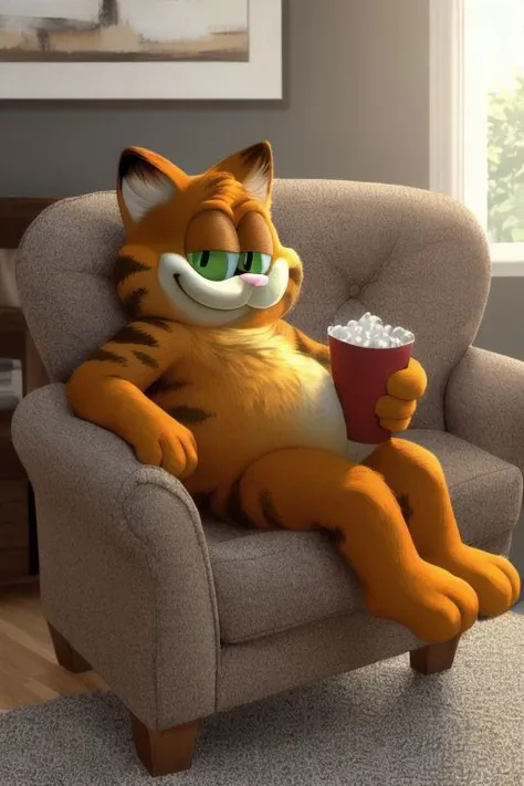 solo, male focus, feline, cat, chubby, garfield, smile, striped tail, orange fur, short, shortstack, chest tuft, cat ears, whiskers, green eyes, no humans, masculine, handsome, masterpiece, extreme detail, (best quality:1.4), sitting, giant chair, couch cushion, soft, short legs, legs dangling, living room, popcorn