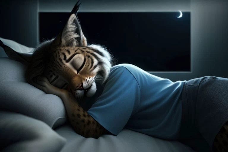 (Professional photo, photo filter, real photo, super realistic:1.2), Moonlit, Nighttime glow, Moonlight, Lunar illumination, (by qupostuv35:0.8), (by siroc:0.8), 1girl, (anthro, humanoid), [(thin:1.1) : small petite : (lynx:1.2):4], (fur tufts, fluffy), (closed eyes, sleepy eyes), (anthropomorphic legs, anthropomorphic hands:1.1), oversized tshirt, baggy sport shorts, (tired, sleepy), (sleeping, not looking at viewer, laying in bed), pillows, bedroom (light, peaceful, calm, serene, soothing, relaxed, ethereal, delicate), (perfectly detailed anatomy, perfectly detailed face,  detailed fur and hair, detailed nose and eyes, detailed mouth, detailed clothing, more details, detailed background),