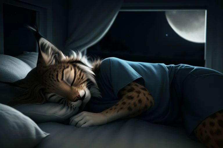 (Professional photo, photo filter, real photo, super realistic:1.2), (Moonlit, Nighttime glow, Moonlight, Lunar illumination), (by qupostuv35:0.8), (by siroc:0.8), 1girl, (anthro, humanoid), [(thin:1.1) : small petite : (lynx:1.2):4], (fur tufts, fluffy), (closed eyes, sleepy eyes), (anthropomorphic legs, anthropomorphic hands:1.1), oversized tshirt, baggy sport shorts, (tired, sleepy), (sleeping, not looking at viewer, laying in bed), pillows, bedroom (light, peaceful, calm, serene, soothing, relaxed, ethereal, delicate), (perfectly detailed anatomy, perfectly detailed face,  detailed fur and hair, detailed nose and eyes, detailed mouth, detailed clothing, more details, detailed background),